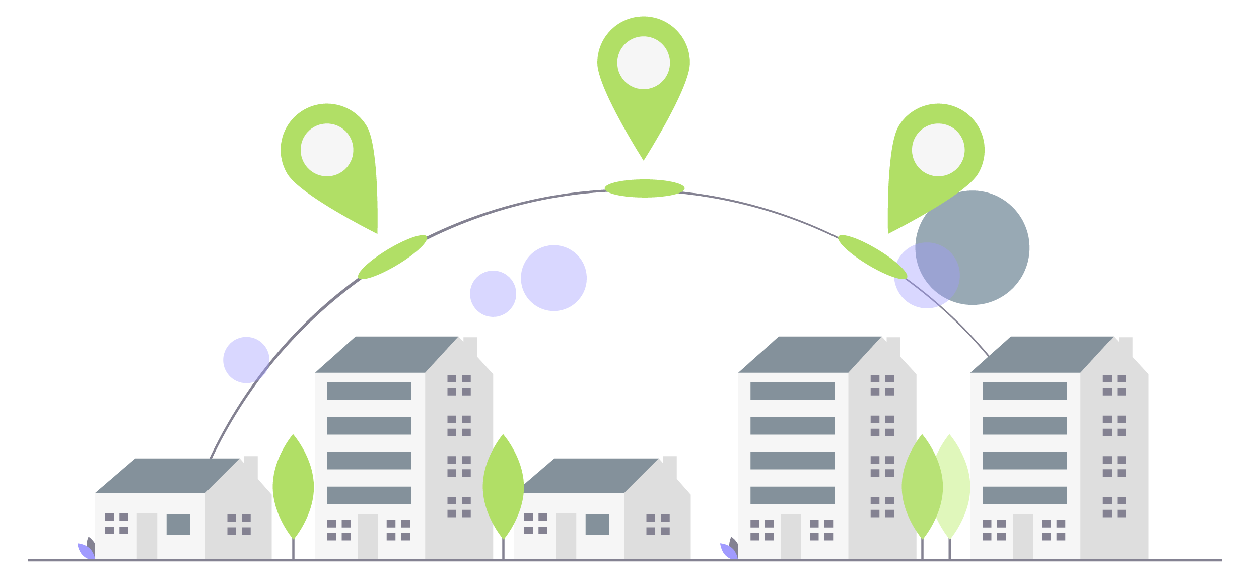 5 house illustrations with half circle above with location icons